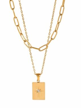 2 Pcs | 18K Gold Plated Rectangle Star Pendant and Paperclip Chain Necklace Set